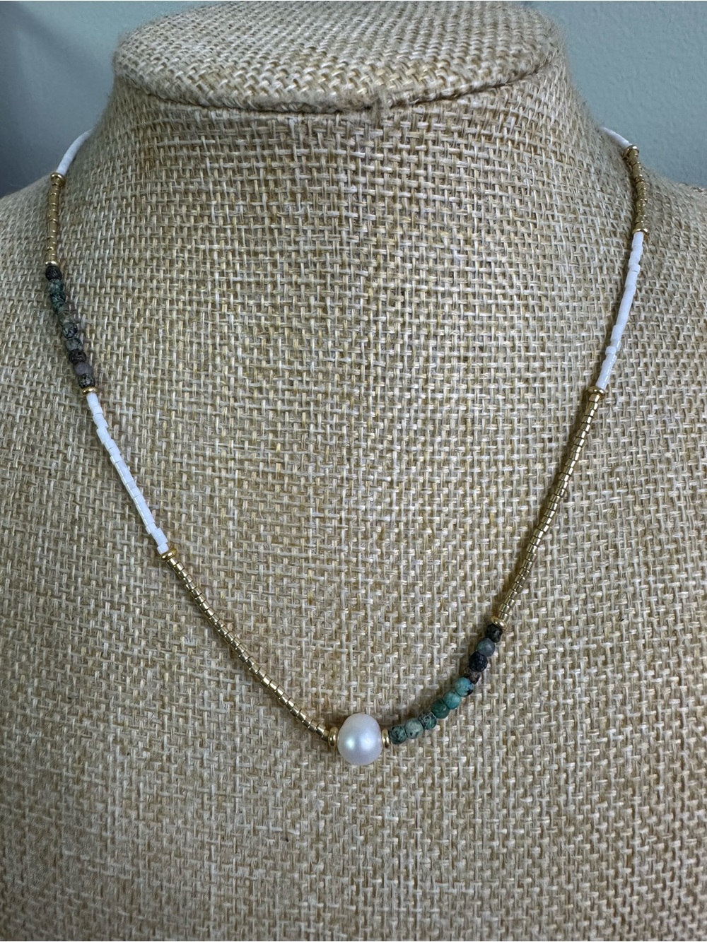 Gold Beaded Necklace with White Pearl and Turquoise Beads